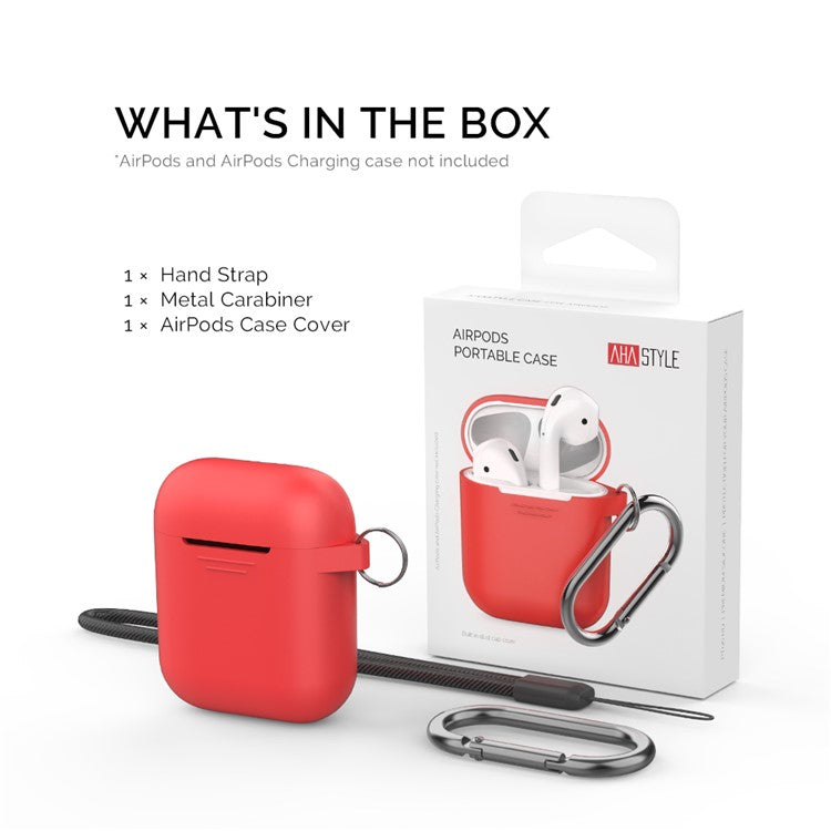 AHASTYLE PT06-3 for Apple AirPods with Charging Case (2016) / (2019) / AirPods with Wireless Charging Case (2019) Earbud Silicone Case Shockproof Earphone Cover with Carabiner - Red