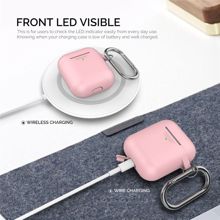 AHASTYLE PT06-3 for Apple AirPods with Charging Case (2016) / (2019) / AirPods with Wireless Charging Case (2019) Earbud Silicone Case Shockproof Earphone Cover with Carabiner - Pink