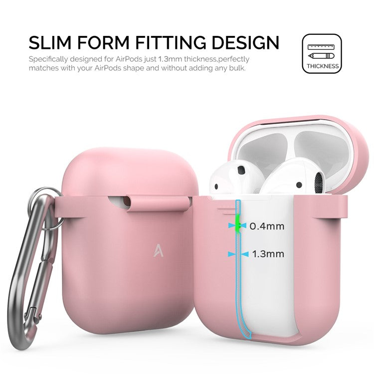 AHASTYLE PT06-3 for Apple AirPods with Charging Case (2016) / (2019) / AirPods with Wireless Charging Case (2019) Earbud Silicone Case Shockproof Earphone Cover with Carabiner - Pink