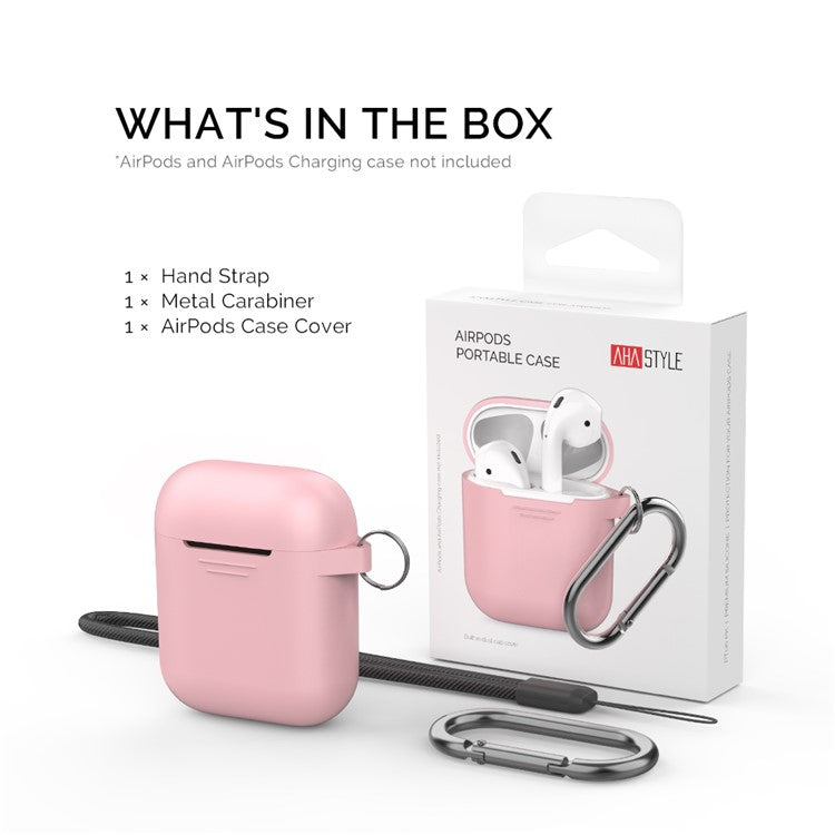 AHASTYLE PT06-3 for Apple AirPods with Charging Case (2016) / (2019) / AirPods with Wireless Charging Case (2019) Earbud Silicone Case Shockproof Earphone Cover with Carabiner - Pink