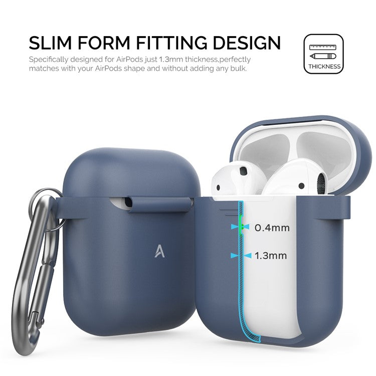 AHASTYLE PT06-3 for Apple AirPods with Charging Case (2016) / (2019) / AirPods with Wireless Charging Case (2019) Earbud Silicone Case Shockproof Earphone Cover with Carabiner - Midnight Blue