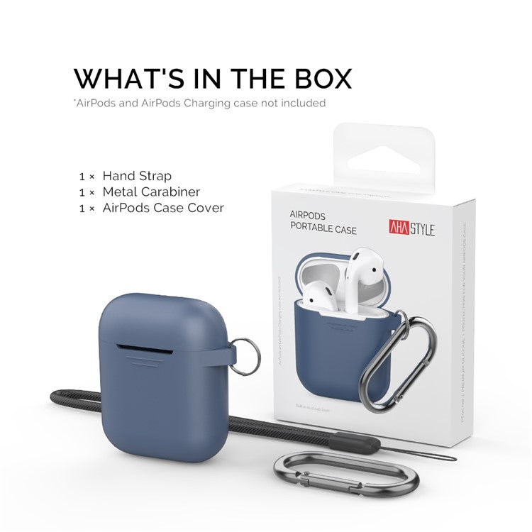 AHASTYLE PT06-3 for Apple AirPods with Charging Case (2016) / (2019) / AirPods with Wireless Charging Case (2019) Earbud Silicone Case Shockproof Earphone Cover with Carabiner - Midnight Blue