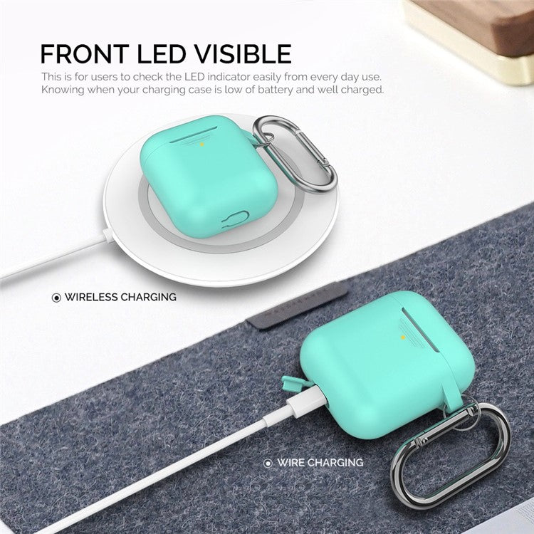 AHASTYLE PT06-3 for Apple AirPods with Charging Case (2016) / (2019) / AirPods with Wireless Charging Case (2019) Earbud Silicone Case Shockproof Earphone Cover with Carabiner - Green