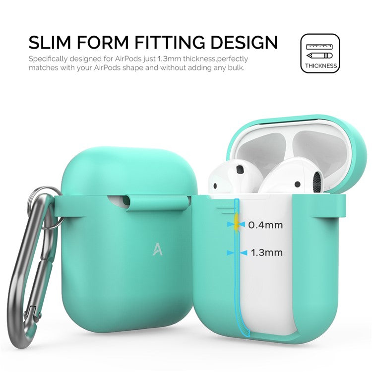 AHASTYLE PT06-3 for Apple AirPods with Charging Case (2016) / (2019) / AirPods with Wireless Charging Case (2019) Earbud Silicone Case Shockproof Earphone Cover with Carabiner - Green