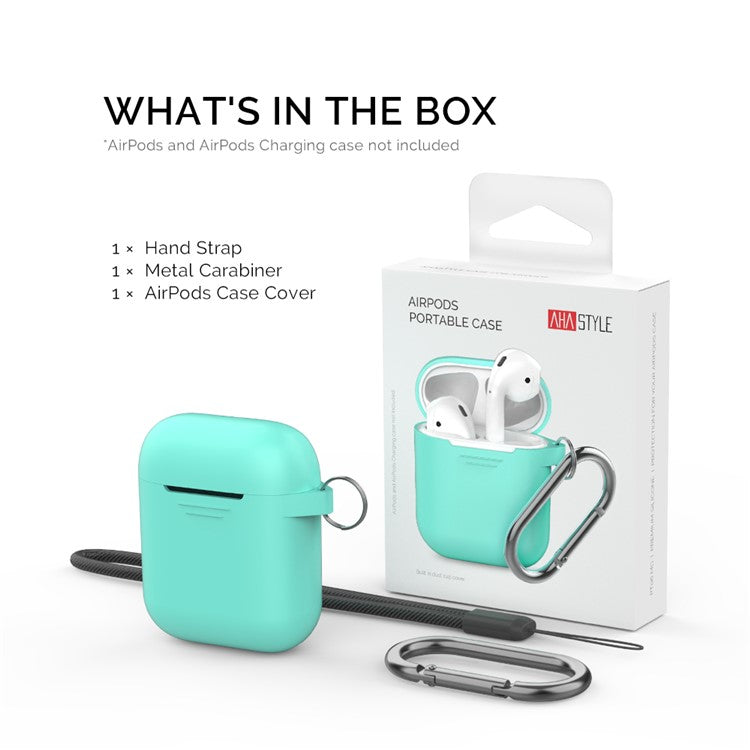 AHASTYLE PT06-3 for Apple AirPods with Charging Case (2016) / (2019) / AirPods with Wireless Charging Case (2019) Earbud Silicone Case Shockproof Earphone Cover with Carabiner - Green