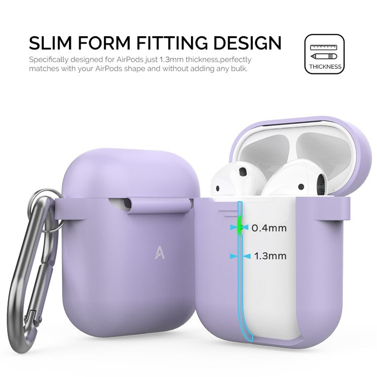 AHASTYLE PT06-3 for Apple AirPods with Charging Case (2016) / (2019) / AirPods with Wireless Charging Case (2019) Earbud Silicone Case Shockproof Earphone Cover with Carabiner - Purple