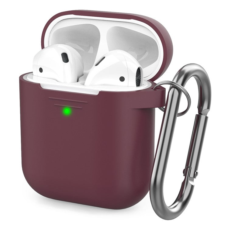 AHASTYLE PT06-3 for Apple AirPods with Charging Case (2016) / (2019) / AirPods with Wireless Charging Case (2019) Earbud Silicone Case Shockproof Earphone Cover with Carabiner - Wine Red