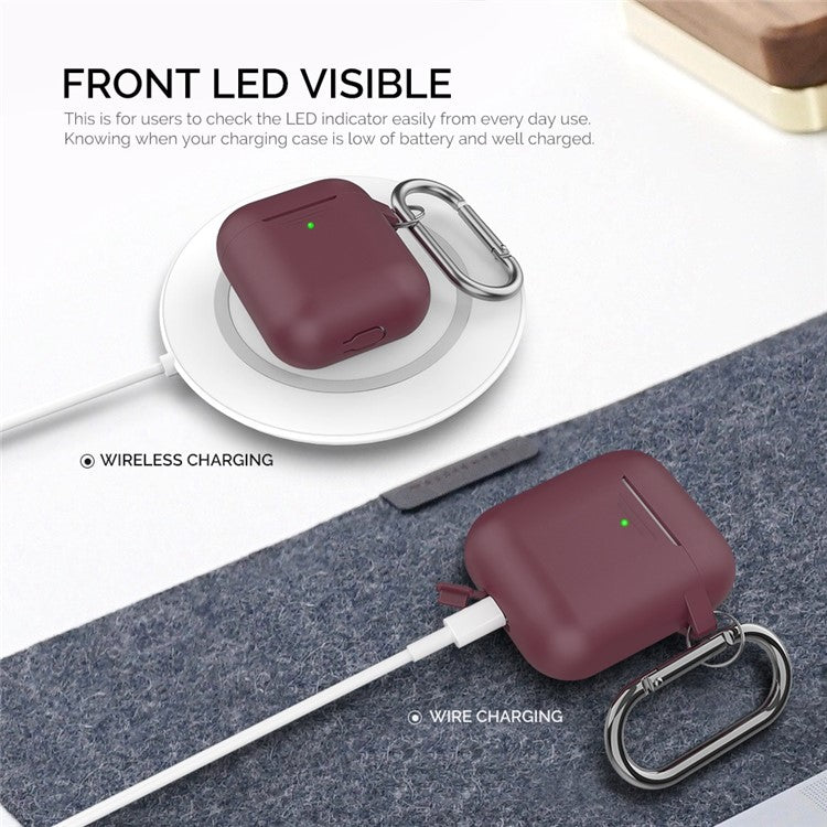 AHASTYLE PT06-3 for Apple AirPods with Charging Case (2016) / (2019) / AirPods with Wireless Charging Case (2019) Earbud Silicone Case Shockproof Earphone Cover with Carabiner - Wine Red