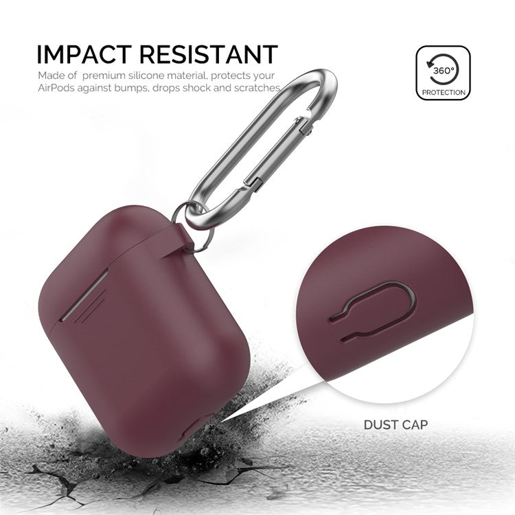 AHASTYLE PT06-3 for Apple AirPods with Charging Case (2016) / (2019) / AirPods with Wireless Charging Case (2019) Earbud Silicone Case Shockproof Earphone Cover with Carabiner - Wine Red