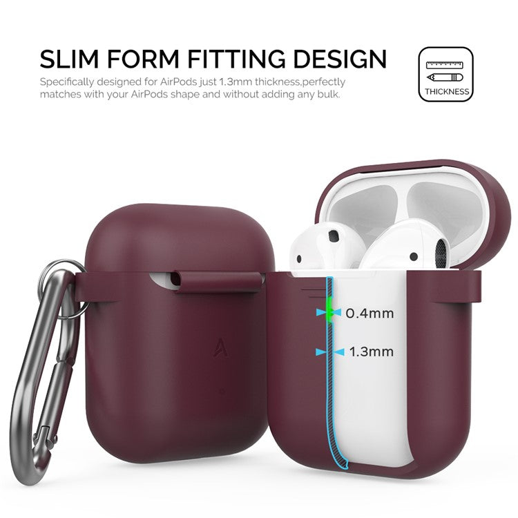 AHASTYLE PT06-3 for Apple AirPods with Charging Case (2016) / (2019) / AirPods with Wireless Charging Case (2019) Earbud Silicone Case Shockproof Earphone Cover with Carabiner - Wine Red