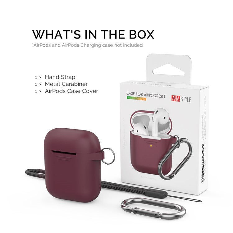 AHASTYLE PT06-3 for Apple AirPods with Charging Case (2016) / (2019) / AirPods with Wireless Charging Case (2019) Earbud Silicone Case Shockproof Earphone Cover with Carabiner - Wine Red