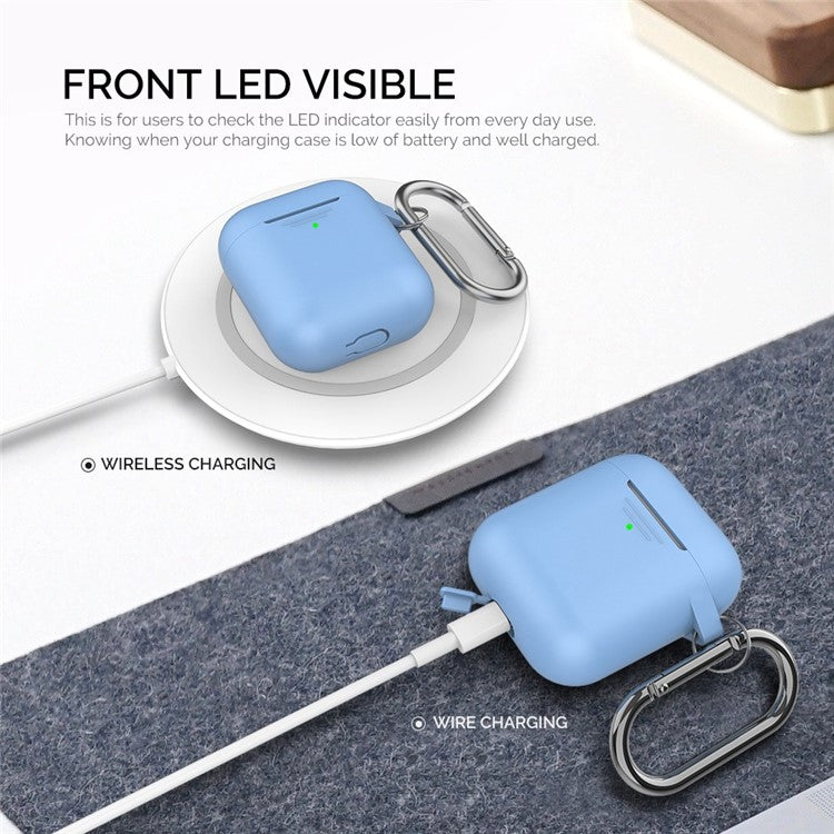 AHASTYLE PT06-3 for Apple AirPods with Charging Case (2016) / (2019) / AirPods with Wireless Charging Case (2019) Earbud Silicone Case Shockproof Earphone Cover with Carabiner - Blue