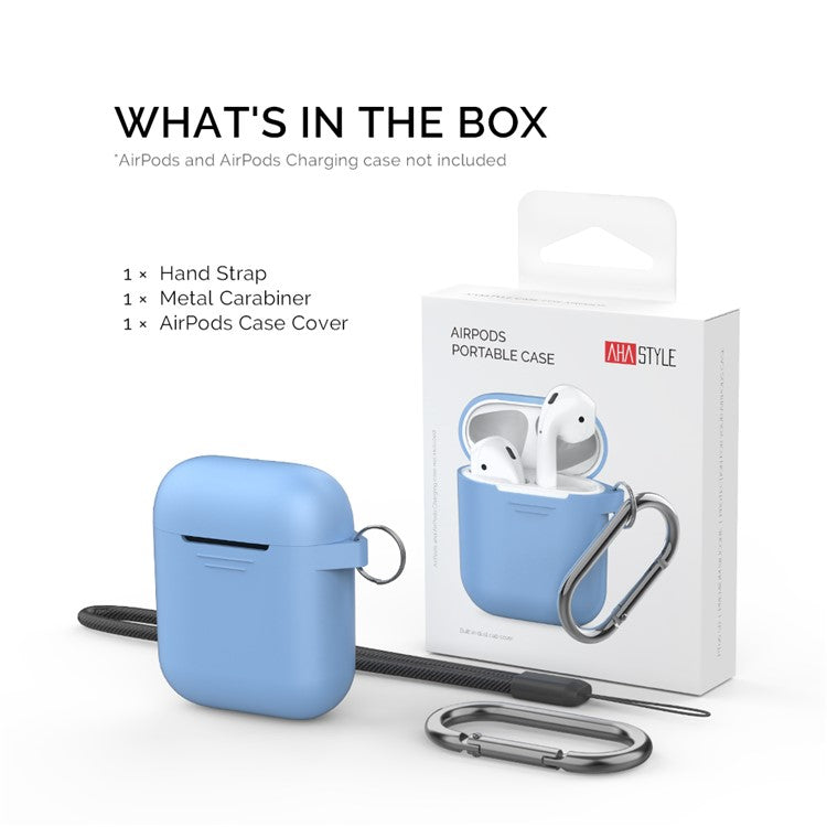 AHASTYLE PT06-3 for Apple AirPods with Charging Case (2016) / (2019) / AirPods with Wireless Charging Case (2019) Earbud Silicone Case Shockproof Earphone Cover with Carabiner - Blue