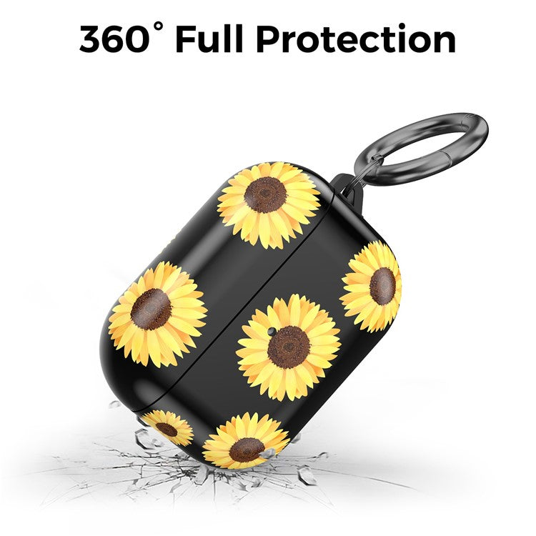 AHASTYLE PT-LC142 for Apple AirPods Pro Sunflower Pattern Earphone Case Bluetooth Earbud TPU Protective Cover with Carabiner - Black Sunflower