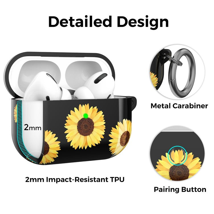 AHASTYLE PT-LC142 for Apple AirPods Pro Sunflower Pattern Earphone Case Bluetooth Earbud TPU Protective Cover with Carabiner - Black Sunflower