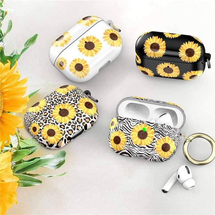 AHASTYLE PT-LC142 for Apple AirPods Pro Sunflower Pattern Earphone Case Bluetooth Earbud TPU Protective Cover with Carabiner - Black Sunflower