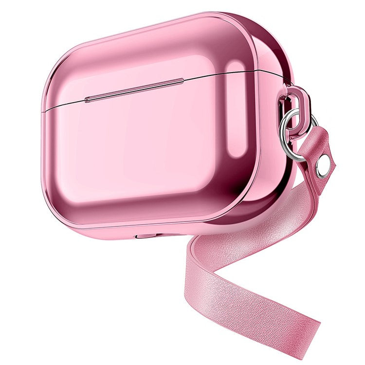 For AirPods Pro 2 Electroplated TPU Protective Case Bluetooth Earphone Anti-Drop Cover with Hand Strap - Rose Pink