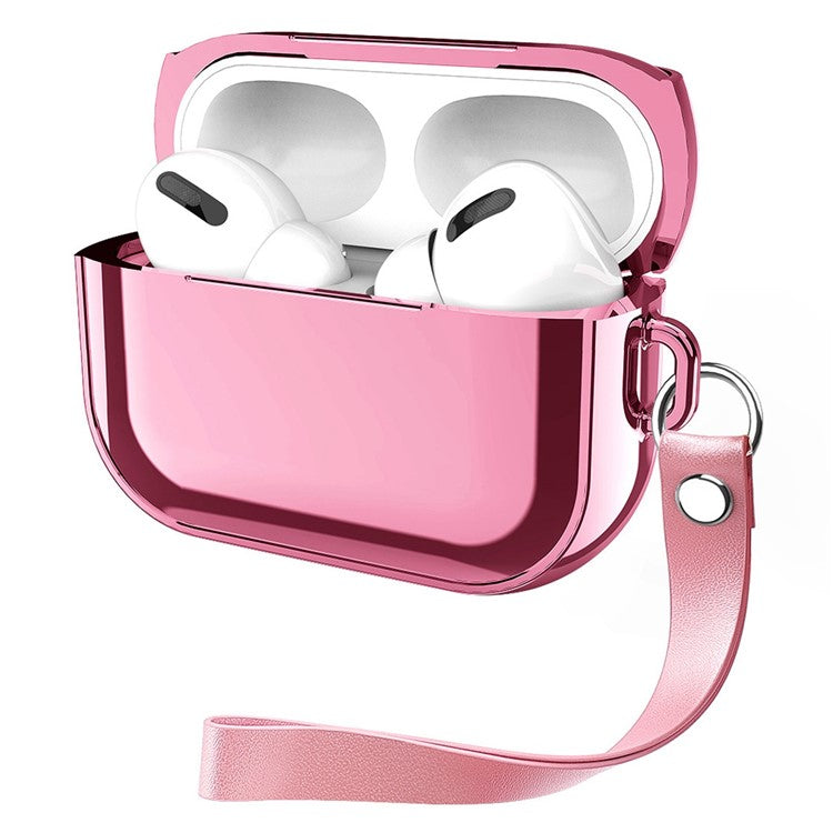 For AirPods Pro 2 Electroplated TPU Protective Case Bluetooth Earphone Anti-Drop Cover with Hand Strap - Rose Pink