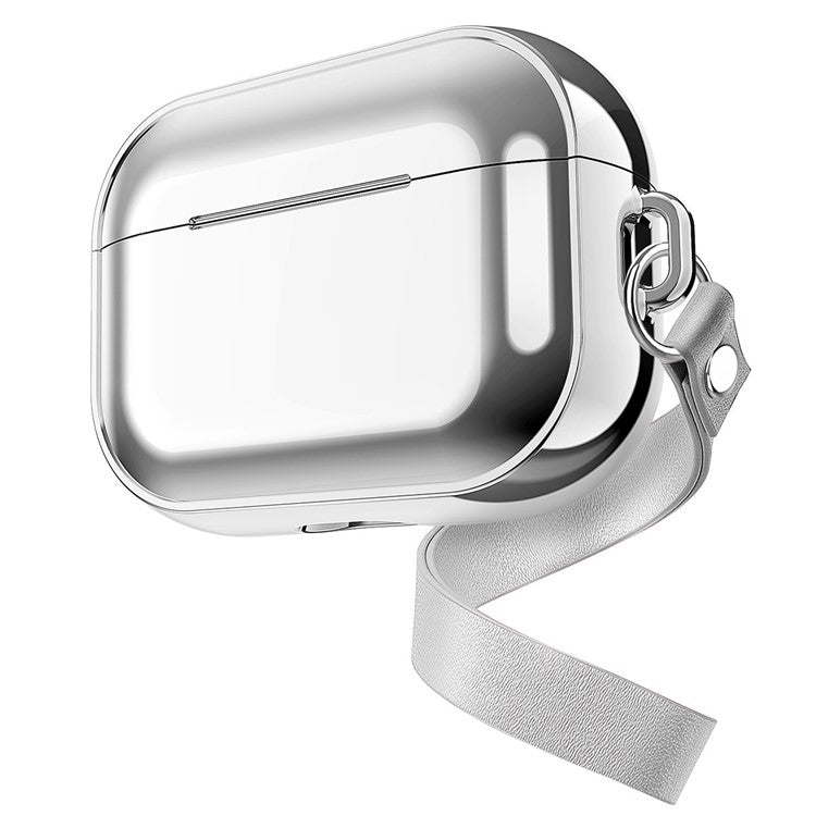 For AirPods Pro 2 Electroplated TPU Protective Case Bluetooth Earphone Anti-Drop Cover with Hand Strap - Silver