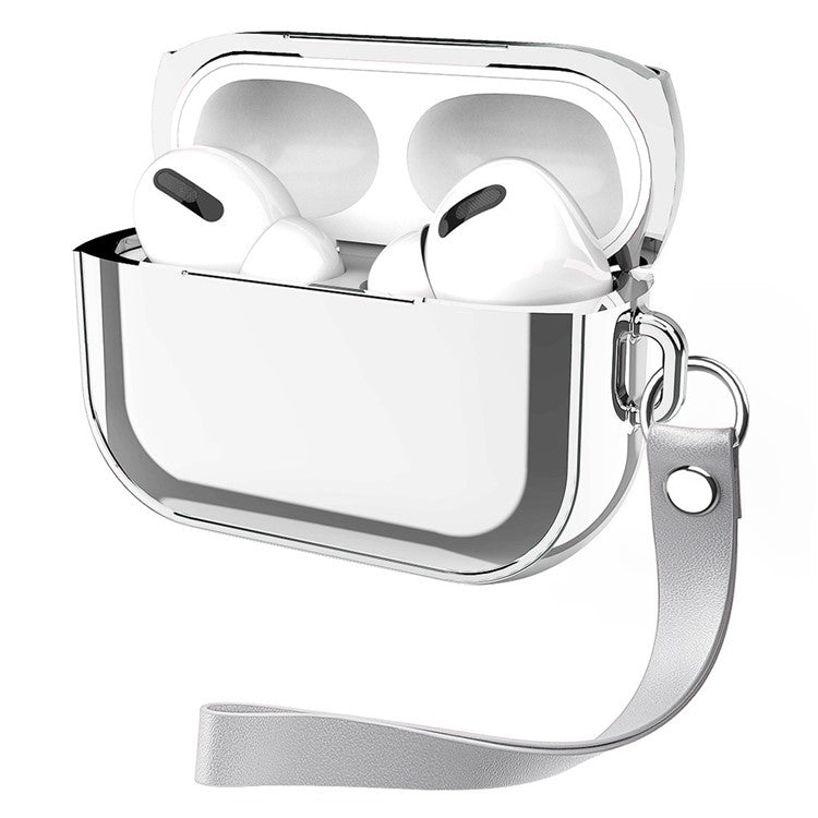 For AirPods Pro 2 Electroplated TPU Protective Case Bluetooth Earphone Anti-Drop Cover with Hand Strap - Silver