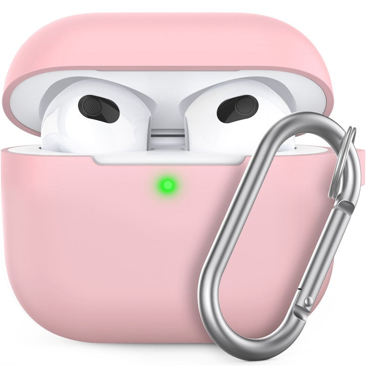 AhaStyle PT148 for Apple AirPods 3 Soft Silicone Earphone Case Shock-Absorbing Protective Skin Cover with Anti-Lost Carabiner - Pink