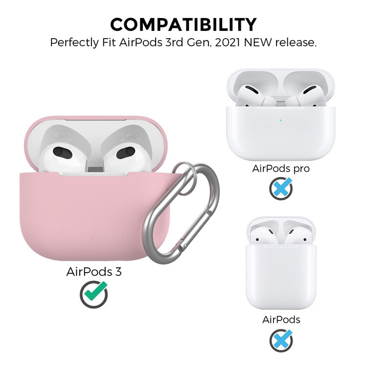 AhaStyle PT148 for Apple AirPods 3 Soft Silicone Earphone Case Shock-Absorbing Protective Skin Cover with Anti-Lost Carabiner - Pink