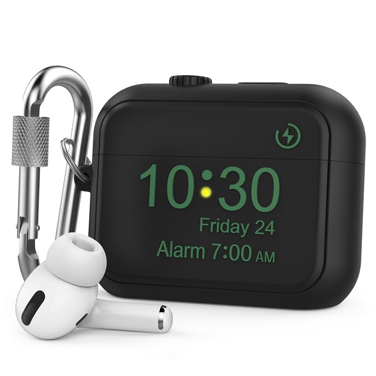 AHASTYLE PT104 for Apple AirPods Pro Earphone Silicone Case Digital Clock Display Design Earbud Charging Box Cover with Carabiner - Black