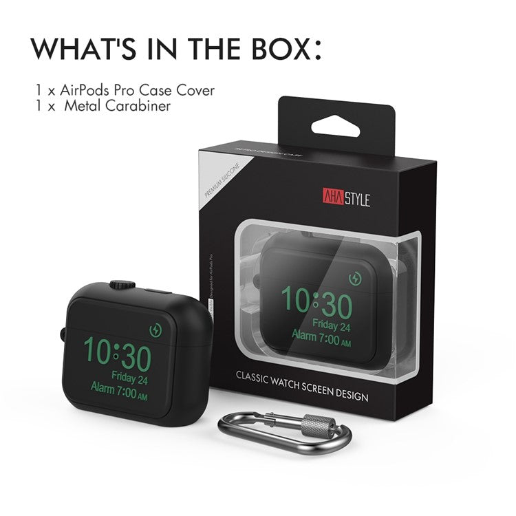 AHASTYLE PT104 for Apple AirPods Pro Earphone Silicone Case Digital Clock Display Design Earbud Charging Box Cover with Carabiner - Black