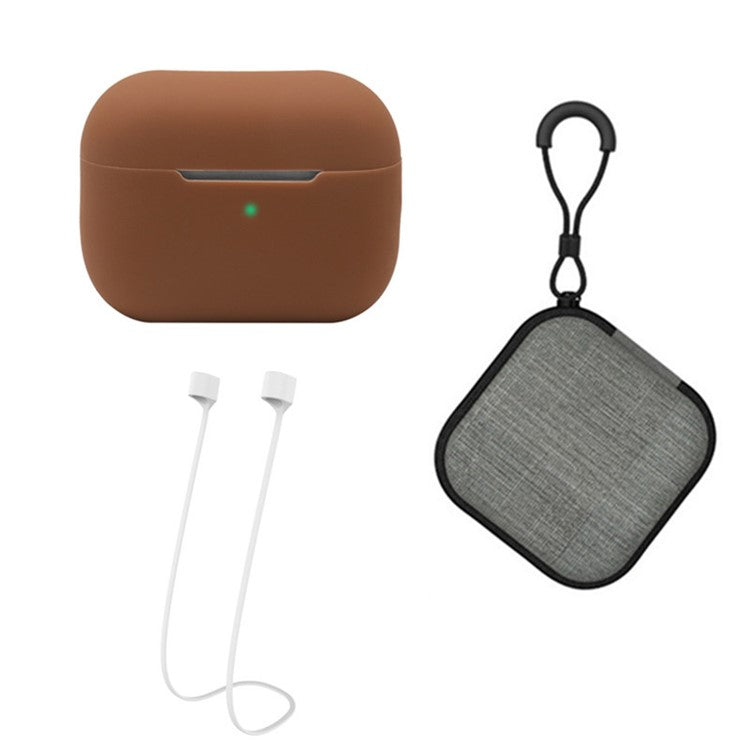 Silicone Case for Apple AirPods Pro 2, Earbuds Charging Case Anti-drop Cover with Storage Box and Earphone Magnetic Anti-lost Rope Strap - Brown