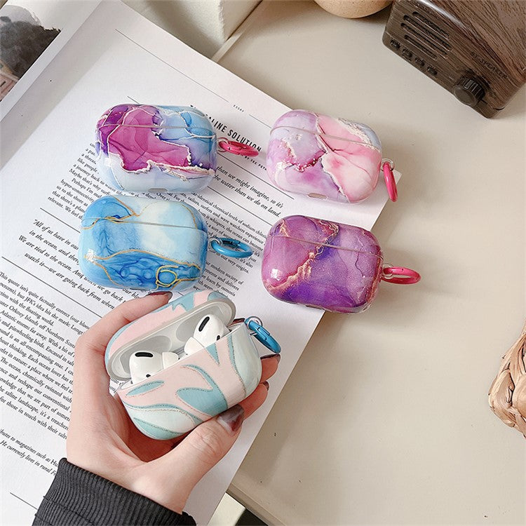 For Apple AirPods 3 IMD Marble Pattern Soft TPU Protective Case Glossy Bluetooth Earphone Drop-proof Cover with Ring Buckle - Style E