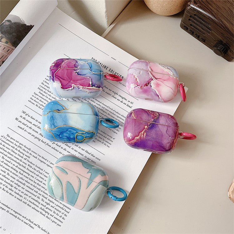 For Apple AirPods 3 IMD Marble Pattern Soft TPU Protective Case Glossy Bluetooth Earphone Drop-proof Cover with Ring Buckle - Style E