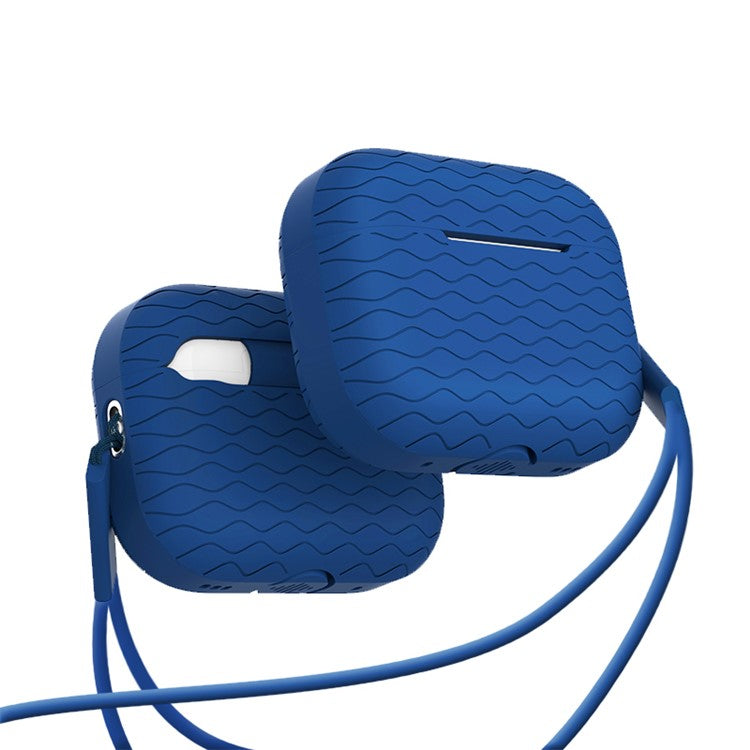 For AirPods Pro 2 Wavy Texture Earphone Case Soft Silicone Anti-Scratch Protective Cover Skin Shell with Strap - Midnight Blue