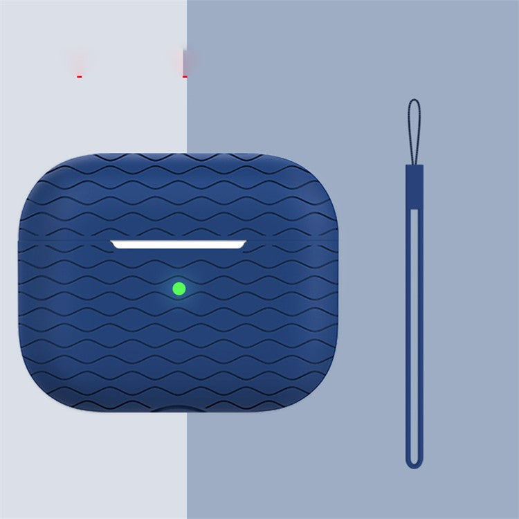 For AirPods Pro 2 Wavy Texture Earphone Case Soft Silicone Anti-Scratch Protective Cover Skin Shell with Strap - Midnight Blue