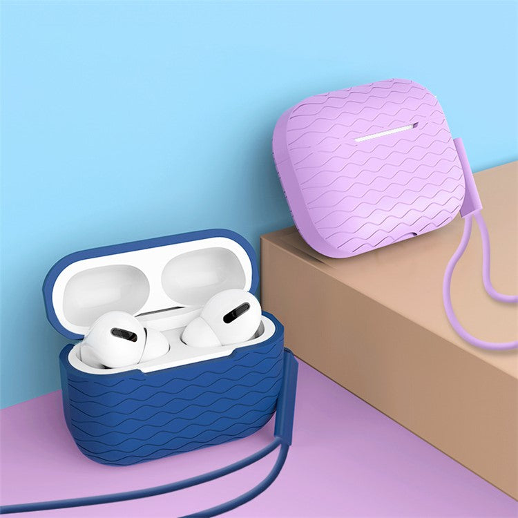 For AirPods Pro 2 Wavy Texture Earphone Case Soft Silicone Anti-Scratch Protective Cover Skin Shell with Strap - Midnight Blue