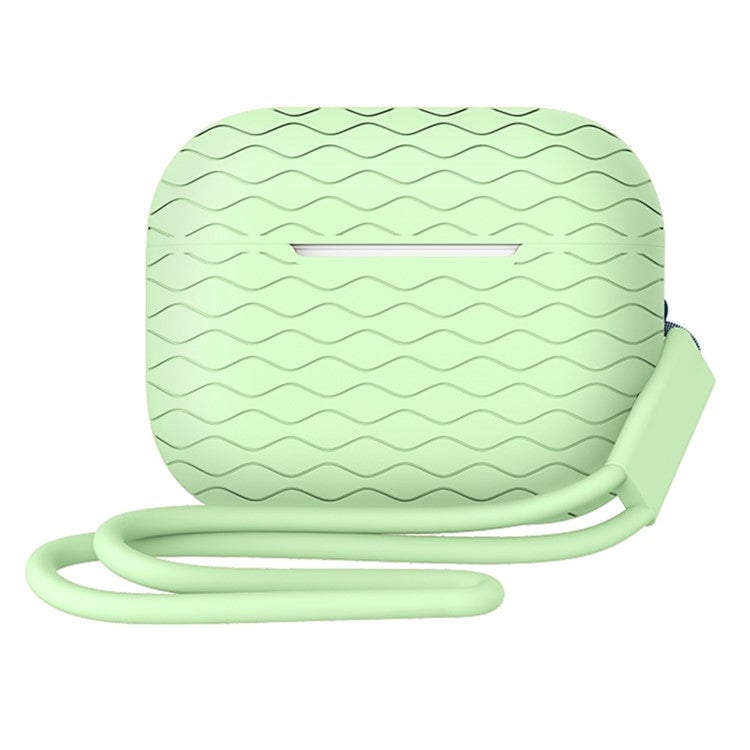 For AirPods Pro 2 Wavy Texture Earphone Case Soft Silicone Anti-Scratch Protective Cover Skin Shell with Strap - Matcha Green