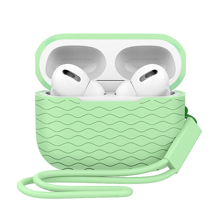 For AirPods Pro 2 Wavy Texture Earphone Case Soft Silicone Anti-Scratch Protective Cover Skin Shell with Strap - Matcha Green