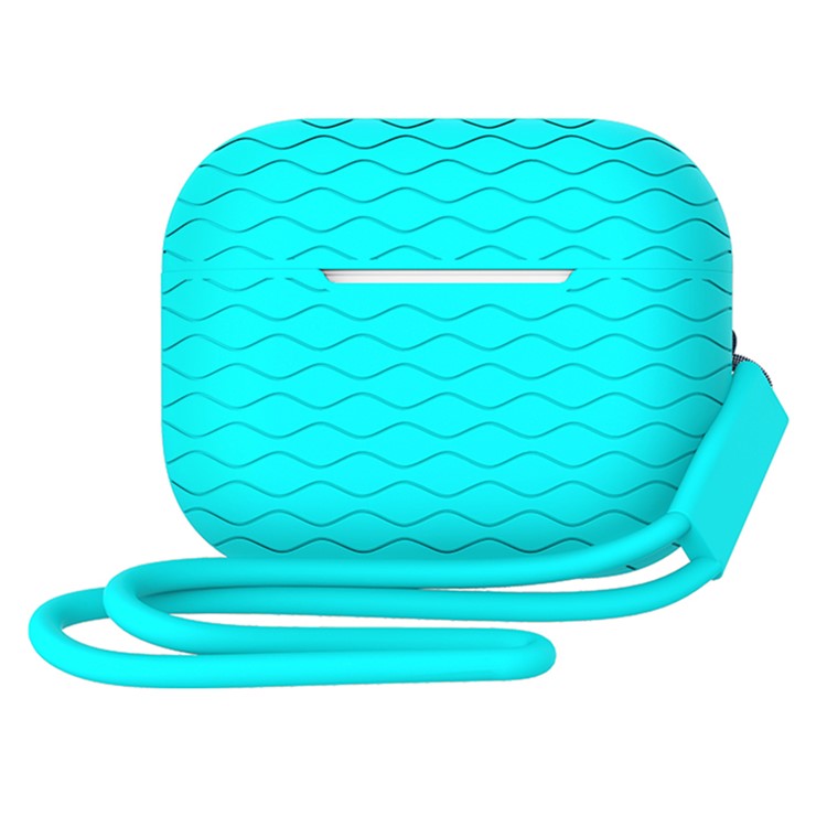 For AirPods Pro 2 Wavy Texture Earphone Case Soft Silicone Anti-Scratch Protective Cover Skin Shell with Strap - Mint Green