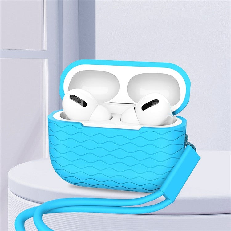 For AirPods Pro 2 Wavy Texture Earphone Case Soft Silicone Anti-Scratch Protective Cover Skin Shell with Strap - Mint Green