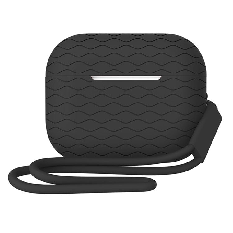 For AirPods Pro 2 Wavy Texture Earphone Case Soft Silicone Anti-Scratch Protective Cover Skin Shell with Strap - Black