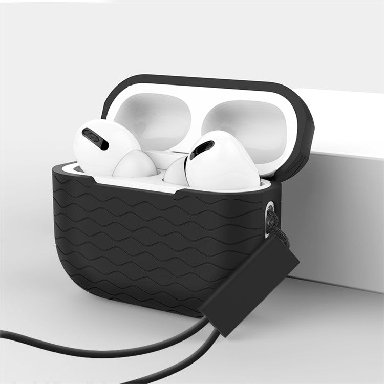 For AirPods Pro 2 Wavy Texture Earphone Case Soft Silicone Anti-Scratch Protective Cover Skin Shell with Strap - Black