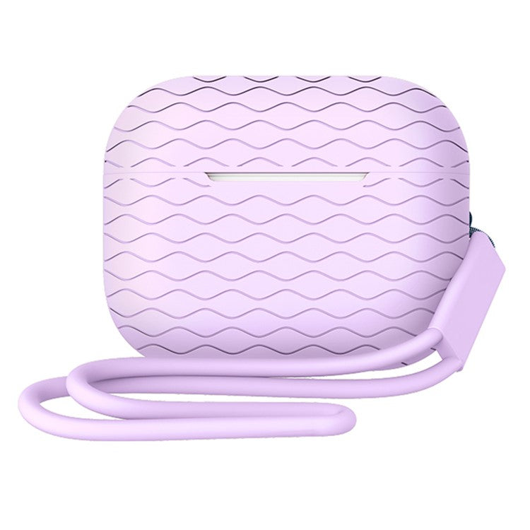 For AirPods Pro 2 Wavy Texture Earphone Case Soft Silicone Anti-Scratch Protective Cover Skin Shell with Strap - Light Purple