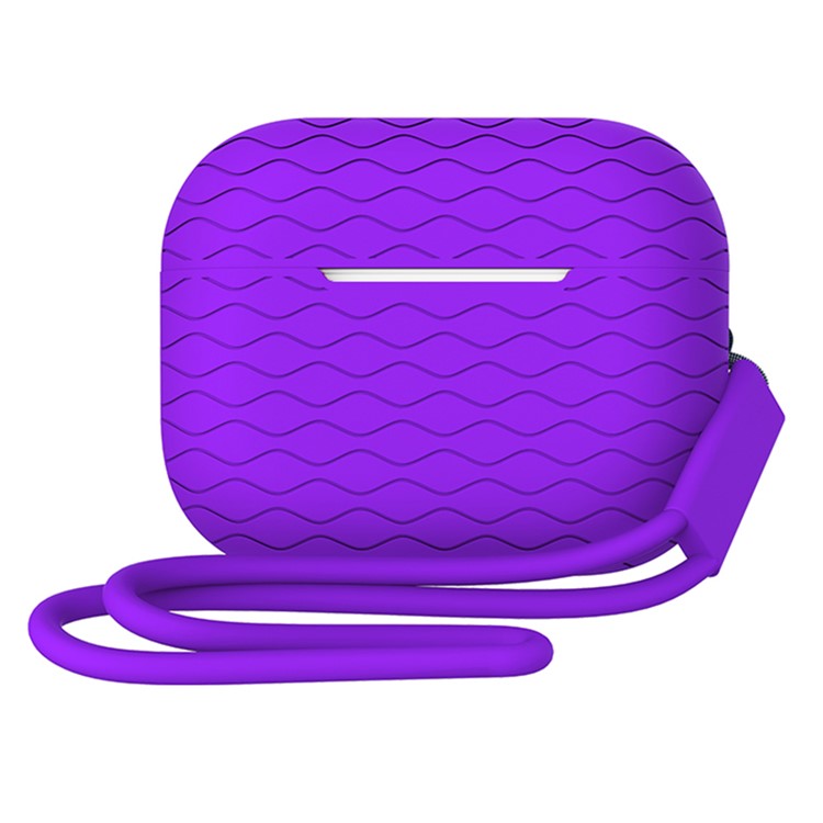 For AirPods Pro 2 Wavy Texture Earphone Case Soft Silicone Anti-Scratch Protective Cover Skin Shell with Strap - Purple