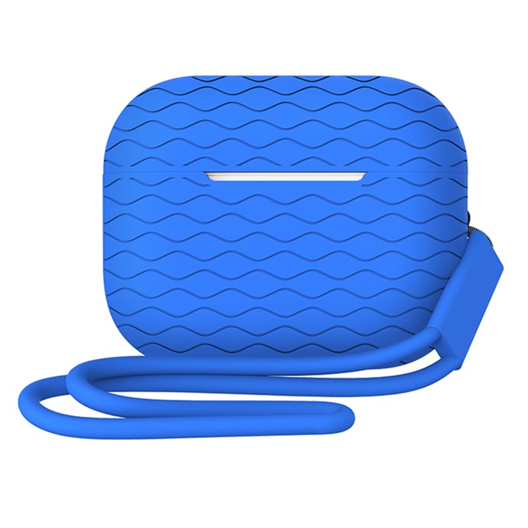 For AirPods Pro 2 Wavy Texture Earphone Case Soft Silicone Anti-Scratch Protective Cover Skin Shell with Strap - Blue