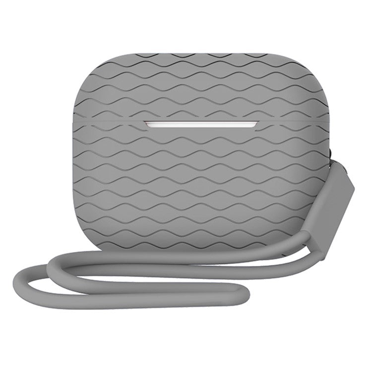 For AirPods Pro 2 Wavy Texture Earphone Case Soft Silicone Anti-Scratch Protective Cover Skin Shell with Strap - Grey