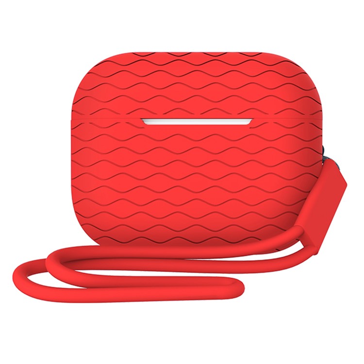 For AirPods Pro 2 Wavy Texture Earphone Case Soft Silicone Anti-Scratch Protective Cover Skin Shell with Strap - Red