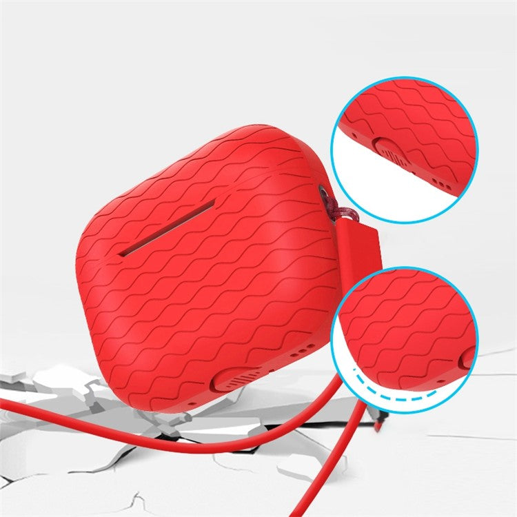 For AirPods Pro 2 Wavy Texture Earphone Case Soft Silicone Anti-Scratch Protective Cover Skin Shell with Strap - Red