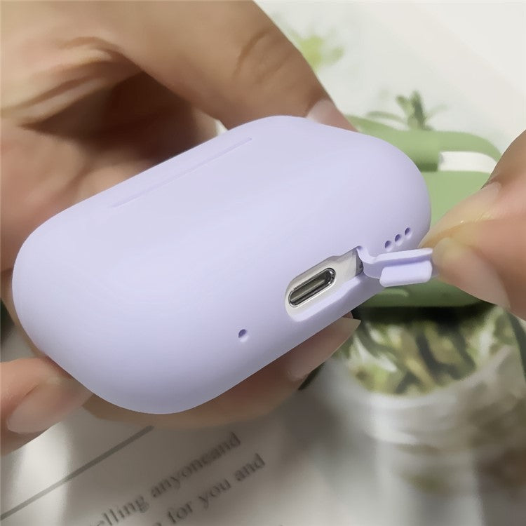 For AirPods Pro 2 Silicone Skin Earphone Case Portable 2mm Thick Scratch Shock Resistant Protective Cover with Lanyard - Light Purple