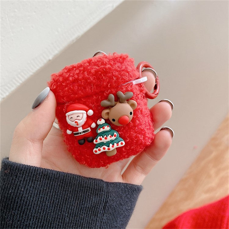 For AirPods with Charging Case (2016)  /  (2019)  /  AirPods with Wireless Charging Case (2019) Cute Christmas Cartoon Design TPU Earphone Case Soft Fluff Protective Cover with Ring Buckle - Elk