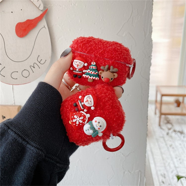 For AirPods with Charging Case (2016)  /  (2019)  /  AirPods with Wireless Charging Case (2019) Cute Christmas Cartoon Design TPU Earphone Case Soft Fluff Protective Cover with Ring Buckle - Elk