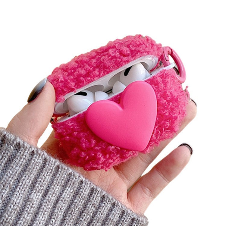 For Apple AirPods Pro Winter Soft Fluff TPU Bluetooth Earphone Case Heart Decor Anti-drop Protective Cover with Ring Buckle - Rose